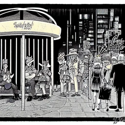 Prompt: some people waiting in bus stop in dark city night, detailed, high quality, high resolution, by don rosa