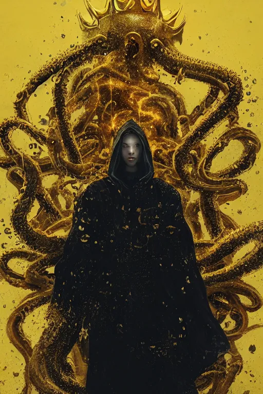 Image similar to A full body portrait of a mysterious character with no face with a very long hooded yellow cloak, a golden crown floating above his head tentacles coming out the ground art by Maciej Kuciara and Jason Chan, ominous, cosmic horror, trending on artstation, Ultra detailed, hyper realistic 4k