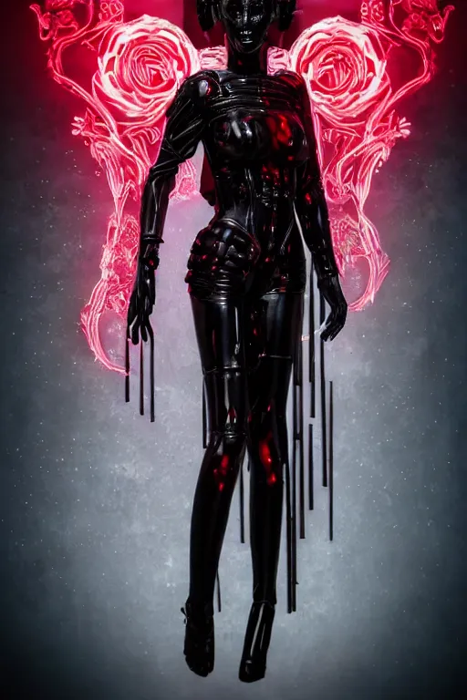 Image similar to full-body cyberpunk style sculpture of a young beautiful dark priestess, half android with a head opening exposing circuitry, glowing red eyes, black roses, flowing blood red colored silk, fabric, candles, baroque elements, human skull, full-length view. baroque element. intricate artwork by Caravaggio. crows flying in background. Trending on artstation, octane render, cinematic lighting from the right, hyper realism, octane render, 8k, depth of field, 3D