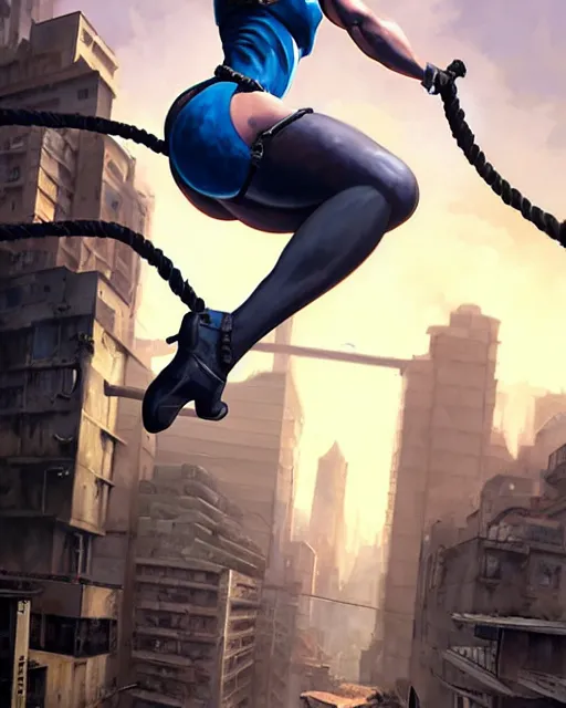 Image similar to gigachad jill valentine bodybuilder swinging from a building with a rope in racoon city, fantasy character portrait, ultra realistic, anime key visual, full body concept art, intricate details, highly detailed by greg rutkowski, ilya kuvshinov, gaston bussiere, craig mullins, simon bisley