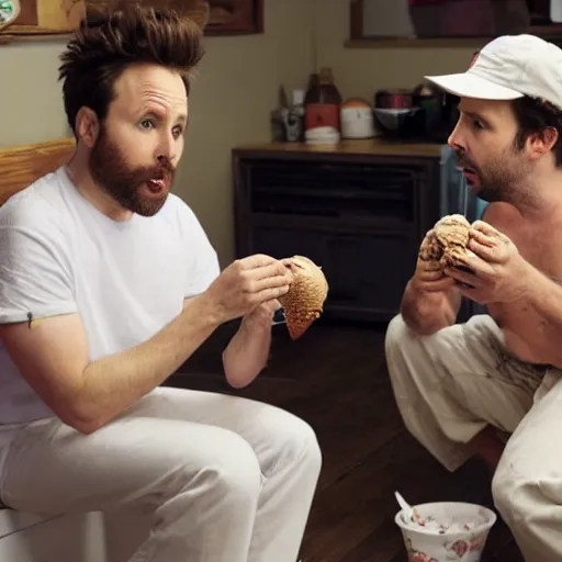 Image similar to Charlie Day and Rob McElhenney, kneeling down eating ice cream out of a white toilet bowl together, norman Rockwell