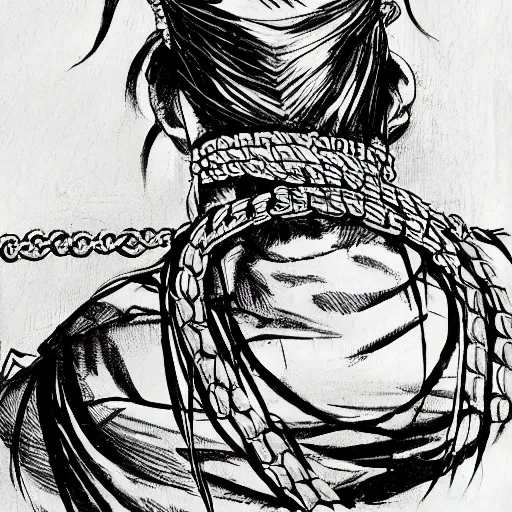 Prompt: a portrait from behind of a samurai man vagabond with a moon behind him, the samurai is wrapped in chains, detailed, concept art, ink style, sketch