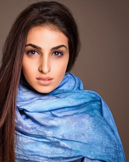 Image similar to a highly realistic, true to life portrait of a beautiful young middle eastern girl, sharp focus, from the waist up, with sharp features, a beautiful face, soft smile, under studio lighting, taken with a canon eos camera with 1 3 5 mm focal length