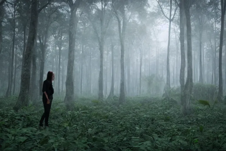 Image similar to a tourist visiting a complex organic fractal 3 d ceramic sphere floating in a lush forest, foggy, cinematic shot, photo still from movie by denis villeneuve