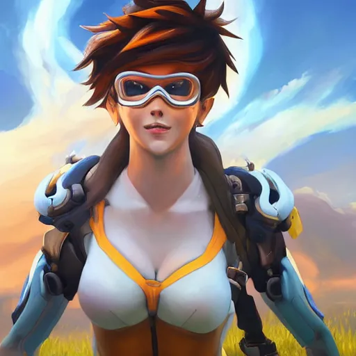 prompthunt: beautiful oil painting of tracer from the game overwatch in the  style of mark arian, standing alone in grassy field, smiling while the sun  shines down, feminine face, light rays, radiant