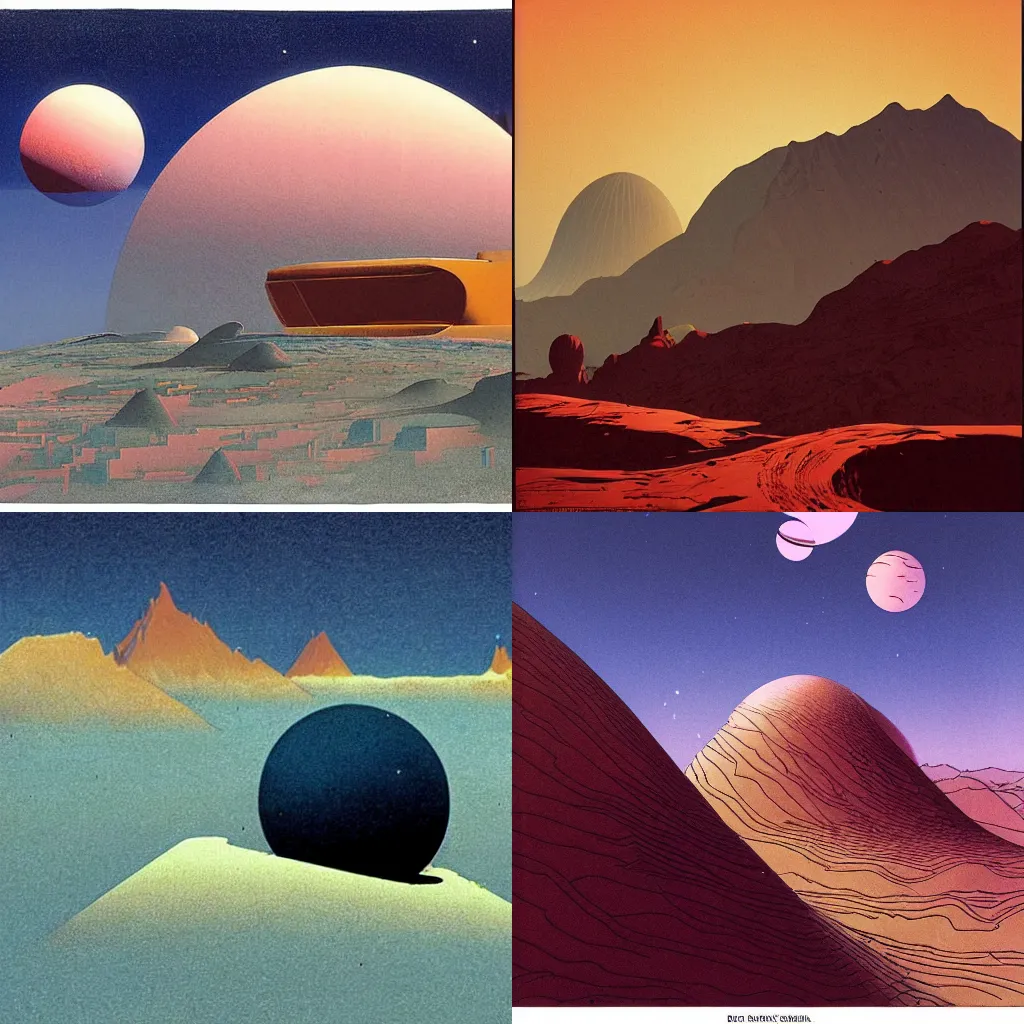 Prompt: physics, planets, mountains, atmospheric, by moebius, by dan mcpharlin,