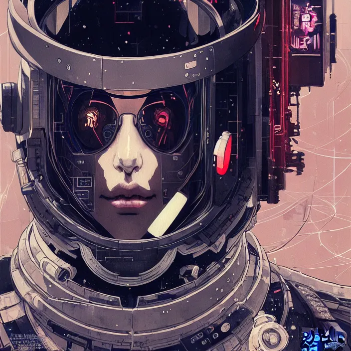 Prompt: a beautiful ukiyo painting of cyberpunk space pilot, wearing space techwear, detailed symmetrical close up portrait, intricate complexity, concept art, by takato yamamoto, wlop, artgem, krenz cushart. cinematic dramatic atmosphere, sharp focus, award winning