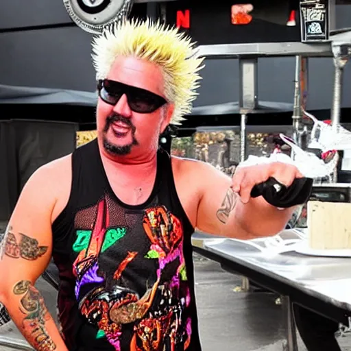 Image similar to guy fieri with pitvipers wearing a mesh neon tank top doing a mukbang