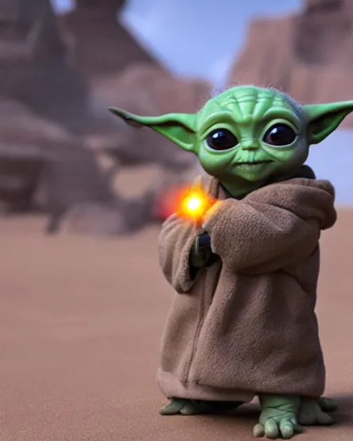 Image similar to baby yoda holding a tiny glowing lightsaber, rides an armored corgi dog, hyperreal, sand people, star wars filmed in the style of cinematographer gilbert taylor