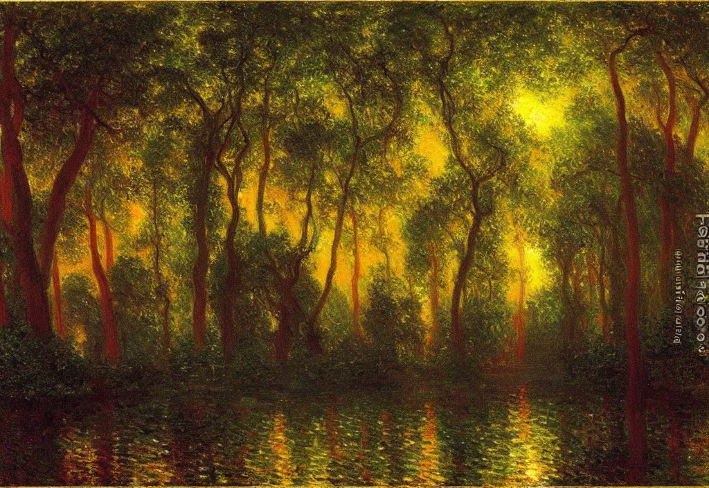 Prompt: Lothlorien at night, as painted by Claude Monet, Albert Bierstadt, Thomas Cole