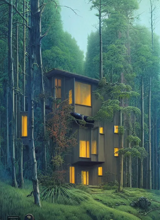 Image similar to hyper realistic witchy modern house with mood lighting and technology in the woods gorgeous lighting, blue sky, highly detailed, lush forest foliage painting by zdzisław beksinski and norman rockwell and greg rutkowski weta studio, and lucasfilm