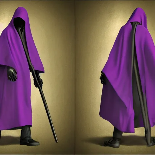 Image similar to grim reaper, purple cloak, full body, scythe