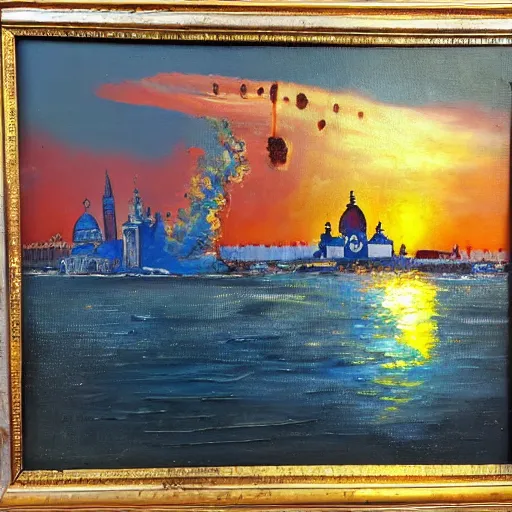 Image similar to an oil painting of a nuclear explosion in venice