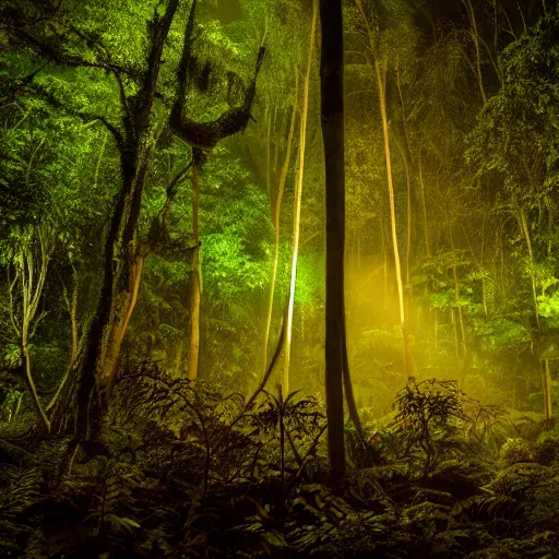 Image similar to a rainforest clearing at night softly lit by multicolored lights, dim lighting, leaves in foreground, HD, 8k, high resolution, photo, surreal, album art