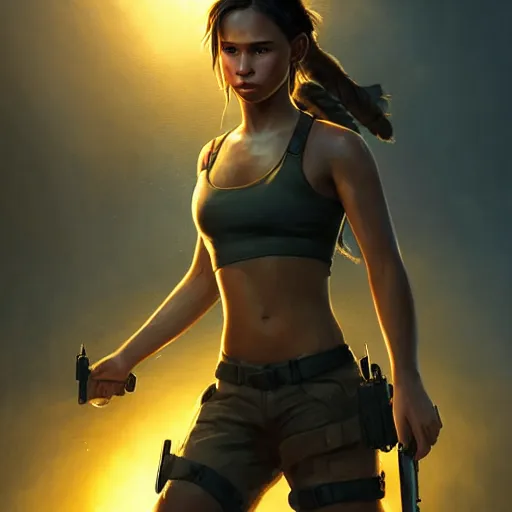 Image similar to realistic young Lara Croft portrait, atmospheric lighting, painted, intricate, volumetric lighting, beautiful, rich deep colors masterpiece, golden hour, sharp focus, ultra detailed, by Leesha Hannigan, Ross Tran, Thierry Doizon, Kai Carpenter, Ignacio Fernández Ríos