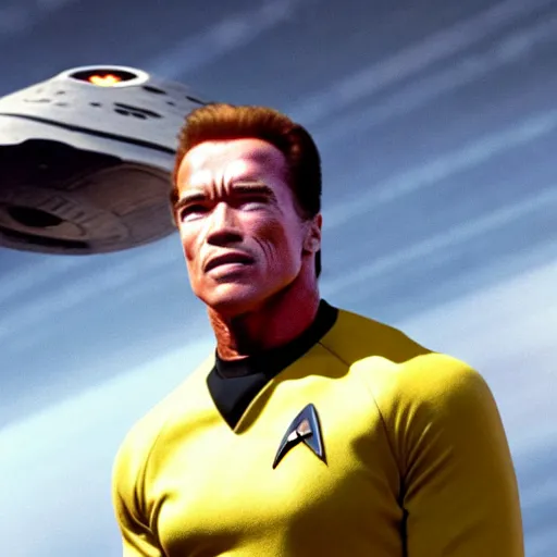 Image similar to Arnold Schwarzenegger is the captain of the starship Enterprise in the new Star Trek movie