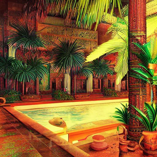 Image similar to a pool in a ancient egyptian interior full of plant and palms,retrowave art,digital art