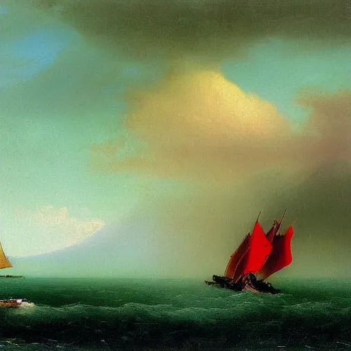 Image similar to red clouds and green ocean in iceland fjord with sailboat painting by ivan aivazovsky