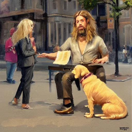 Image similar to oil painting of a young man with long hair blond and a beard hippie style with his golden retrever dog playing piano in the square for money, people watching around, by greg rutkowski, artstation