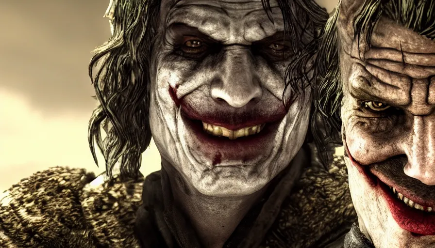 Image similar to close - up skyrim character screenshot of the joker talking to you, enb, 4 k, bokeh, beautiful, detailed