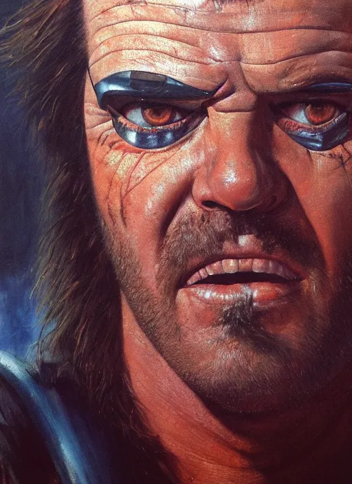 Prompt: portrait of young 1 9 8 0 s jack nicholson as a scheming warlord character in mad max 2 : the road warrior, film still, detailed realism face in painting, detailed beautiful portrait, oil painting masterpiece, 8 k resolution, smooth, sharp focus, trending on artstation, by rembrandt
