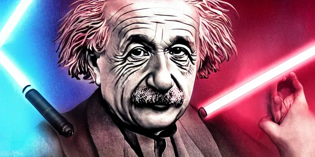 Image similar to Albert Einstein with a red lightsaber, digital art, stunning lighting