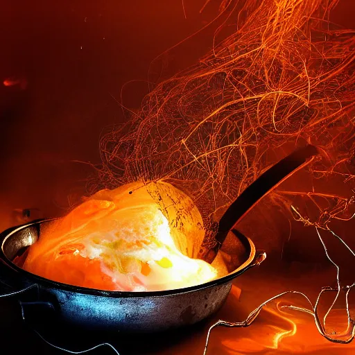 Image similar to fried egg in a red hot frying pan, tangles of metallic cables, dark messy smoke - filled cluttered workshop, dark, dramatic lighting, orange tint, sparks, plasma charges, cinematic, highly detailed, sci - fi, futuristic, movie still