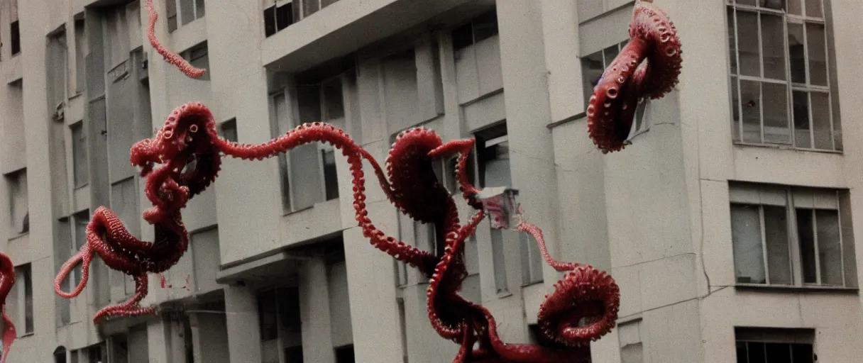 Prompt: filmic extreme close up shot 3 5 mm film color photograph of a family jumping bloody pants off a building laughing with tentacle arms happy, only color results