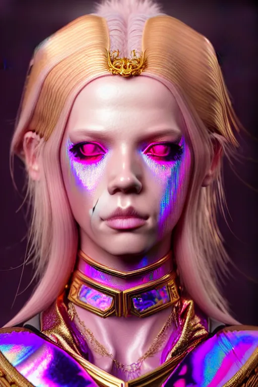 Prompt: hyperdetailed portrait of a stunningly beautiful pink female androgynous wizard guard made of iridescent metals and shiny purple gems, bright rainbow nimbus, golden necklace, inspired by ross tran and wlop and masamune shirow and kuvshinov, concept art, intricate, photorealistic, octane render, rtx, hdr, unreal engine, dnd digital art by artgerm