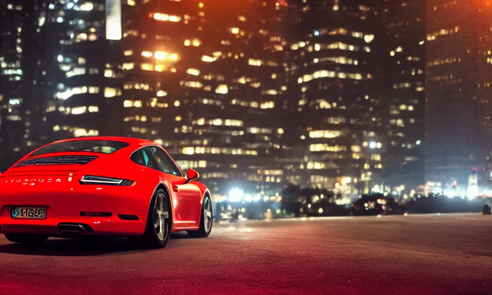 Prompt: photo of a porsche 911 at night in a city, cinematic, 4k, panavision, long exposure photography