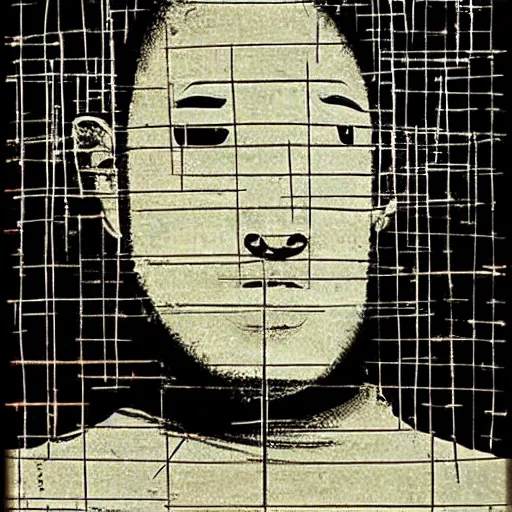 Prompt: A poster of a monk by Saul Bass ans Chiharu Shiota