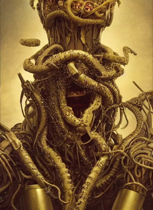 Image similar to portrait of king arthur knight medusa cyborg feeding from a mouth tube, kintsugi, modern fine art, fractal, intricate, elegant, highly detailed, digital photography, subsurface scattering, by jheronimus bosch and carravagio and greg rutkowski,