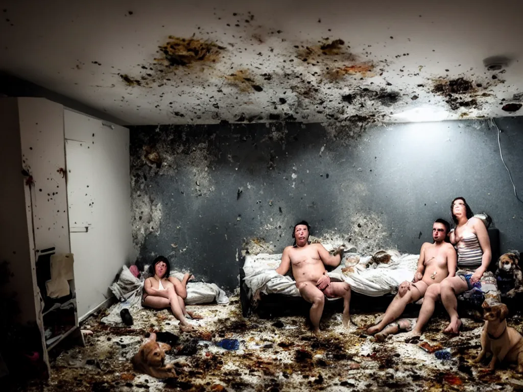 Prompt: a photograph of a man and a woman in a disgustingly filthy vomit filled apartment, submerged in vomit, they are mouldy and obviously intoxicated. they have merged with the walls and ceiling, levitating above a cloud of nebulous dogs