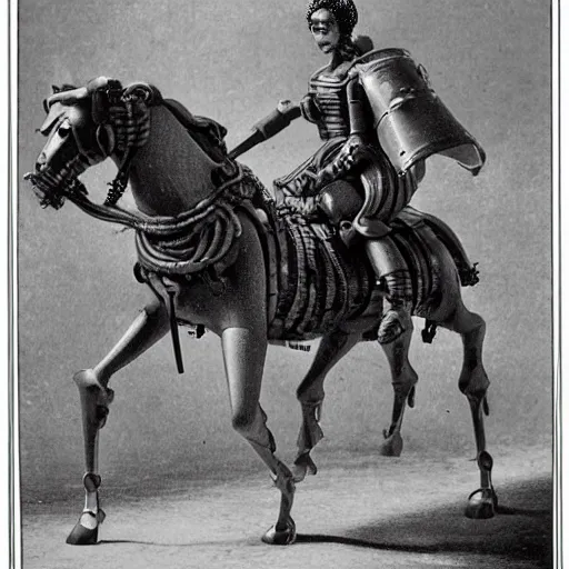 Image similar to a robot girl riding a mechanical horse