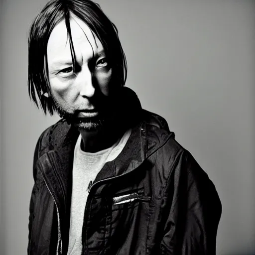 Image similar to Yorke Thom Radiohead yorke thom, with a beard and a black jacket, a portrait by John E. Berninger, dribble, neo-expressionism, uhd image, studio portrait, 1990s