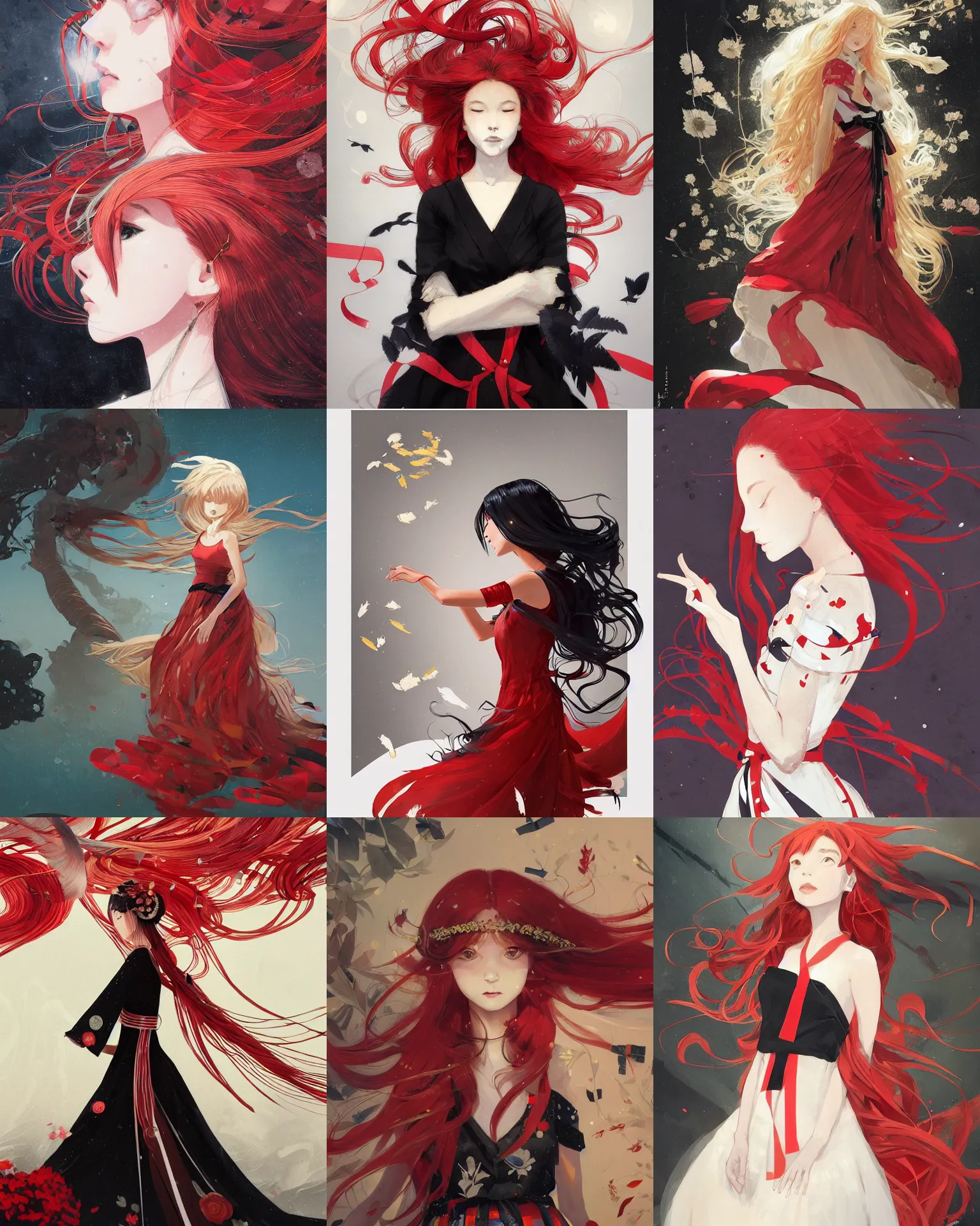 Prompt: museum curator of abstract work with long golden hair and a beautiful dress with red and white and black ribbons, medium shot close up, details, sharp focus, illustration, by Jordan Grimmer and greg rutkowski and PiNe(パイネ) and 薯子Imoko and 香川悠作 and maya takamura, intricate, beautiful, Trending artstation, pixiv, digital Art