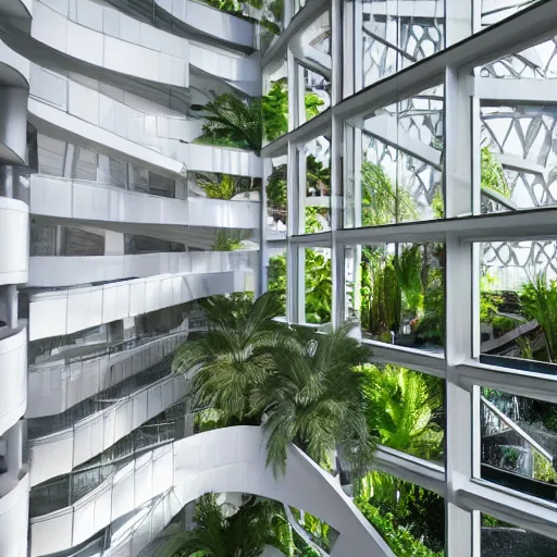 Image similar to The atrium of a contemporary building filled with tropical plants, dramatic light, 4k