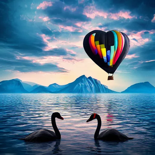 Image similar to photo of two black swans swimming in a beautiful reflective mountain lake, touching heads, forming a heart with their necks, a colorful hot air balloon is flying above the swans, hot air balloon, intricate, portrait, 8k highly professionally detailed, HDR, CGsociety, octane render, 4k