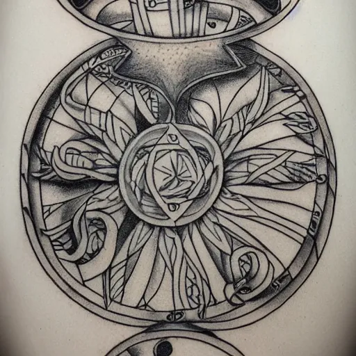 Prompt: Voynich manuscript complete tattoo drawing. detailed