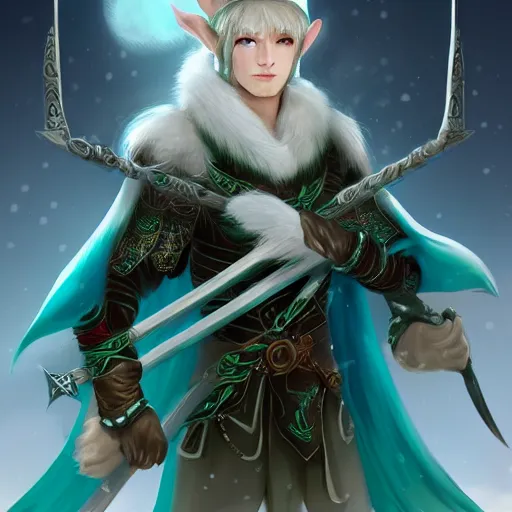 Prompt: handsome male snow elf archer portrait, turquoise cape and silver ornate armour as an archer, magical tundra background, albino skin, perfect face, very coherent symmetrical artwork, trending on artstation, award - winning