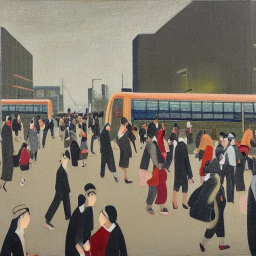 Prompt: painting of japanese commuters heading to the central business district of tokyo, painted by laurence stephen lowry, oil on canvas, national gallery