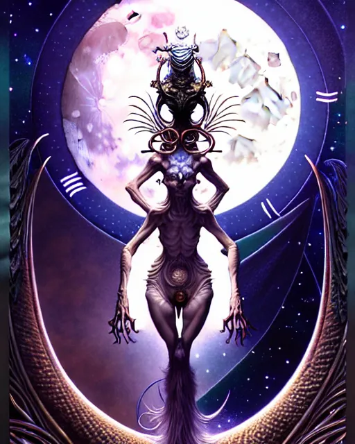 Prompt: the moon tarot card, fantasy character portrait made of fractals, ultra realistic, wide angle, intricate details, the fifth element artifacts, highly detailed by peter mohrbacher, hajime sorayama, wayne barlowe, boris vallejo, aaron horkey, gaston bussiere, craig mullins