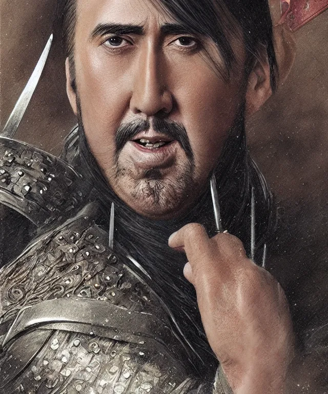 Image similar to Portrait of Nicolas Cage as a samurai from the warring states era Japan, highly detailed, digital painting, artstation, concept art, smooth, sharp focus, illustration by Artgerm and Greg Rutkowski and Tom Bagshaw