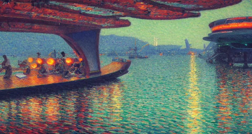 Image similar to detailed close - up of a side view full shot of a energypunk futuristic neon robotic cyberpunk steamboat in the senna river, people waving, impressionism, oil on canvas, natural colors, horizon, golden hour, masterpiece, detailed, by gustave caillebotte, wlop, mucha, greg rutkowski