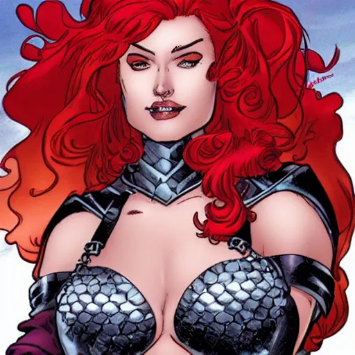 Prompt: Red Sonja portrait by J. Scott Campbell, sly smile. Rule of thirds.