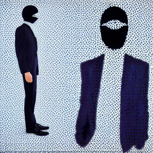 Prompt: mannequin wearing a suit and ski mask, analog glitch art video feedback,