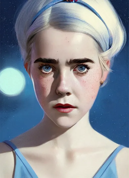 Image similar to portrait of kiernan shipka with freckles, white hair, big 1 9 6 0 s bob hairstyle with bangs and hairband, blue 1 9 6 0 s dress, intricate, elegant, glowing lights, highly detailed, digital painting, artstation, concept art, smooth, sharp focus, illustration, art by wlop, mars ravelo and greg rutkowski