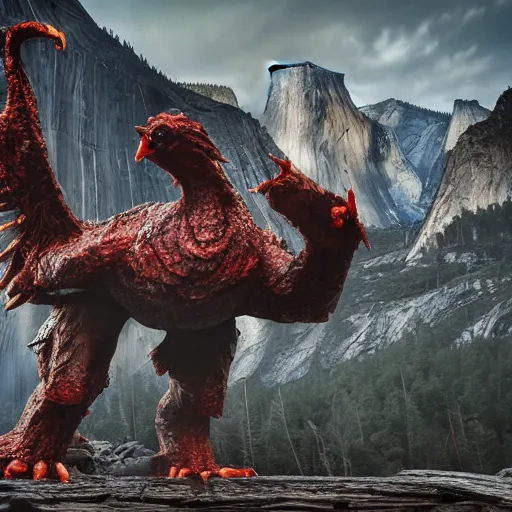 Prompt: evil steel chicken kaiju at yosemite, epic scale, hyper detailed, photorealistic, octane render, trending at cgstation, rule of thirds, 8 k.