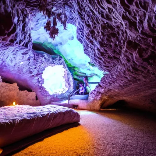 Image similar to inside a cave with a hot spring and the walls of made of amethyst, photo