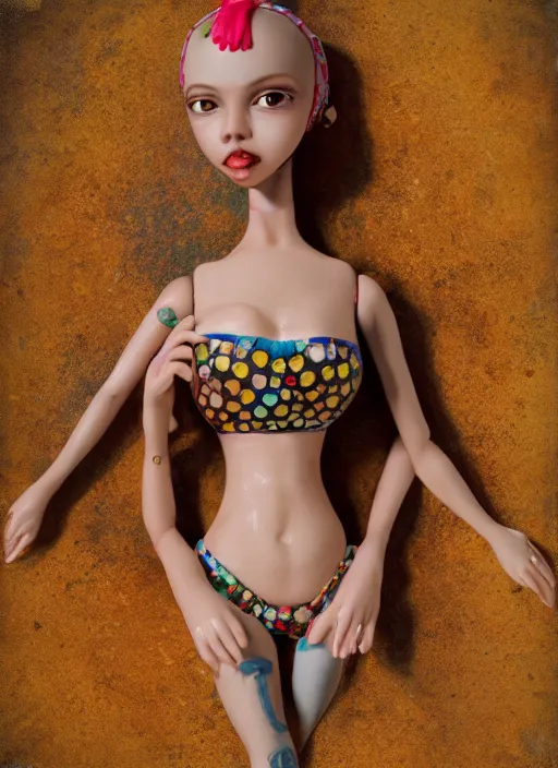 Image similar to closeup portrait of tin toy eskomo bikini swim champ girl trap, depth of field, zeiss lens, detailed, symmetrical, centered, fashion photoshoot, by nicoletta ceccoli, mark ryden, lostfish, breathtaking, 8 k resolution, extremely detailed, beautiful, establishing shot, artistic, hyperrealistic, octane render